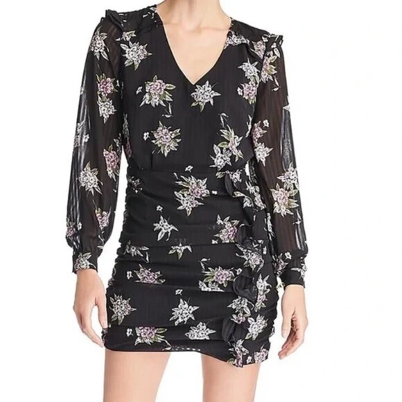 NWT HEARTLOOM Anthea Black Floral Print Long Sleeve Ruffle Ruched Mini Dress XS - Picture 1 of 9